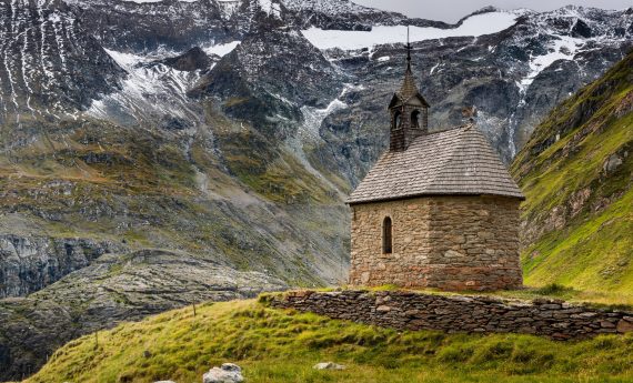 Beautiful Stone Chapel of Pasterzenhaus near Grossglockner Glacier in Austria.